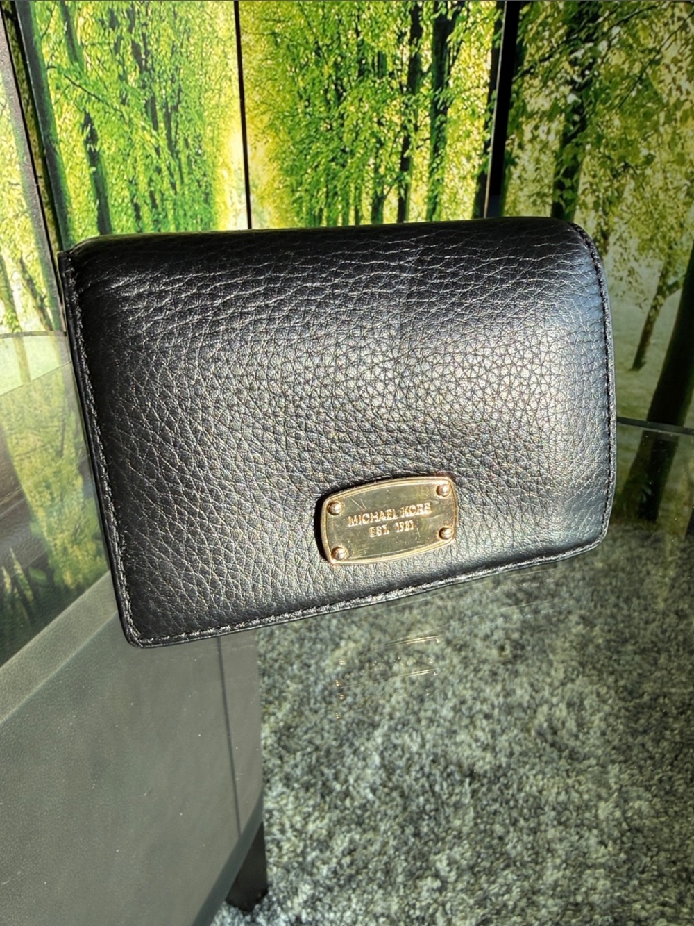 Michael Kors Black Leather Card Case Wallet Gold Logo Plaque EUC
